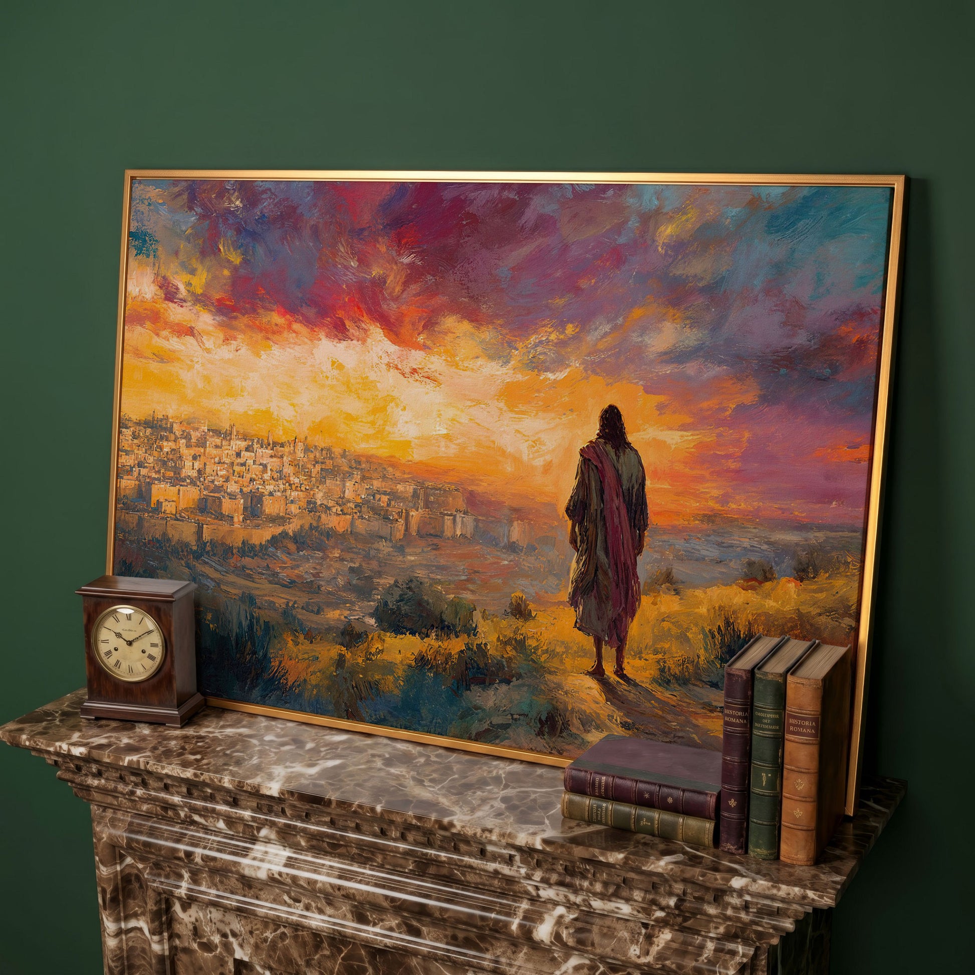Jesus Overlooking Jerusalem at Sunset Canvas Wall Art in antique gold floating frame