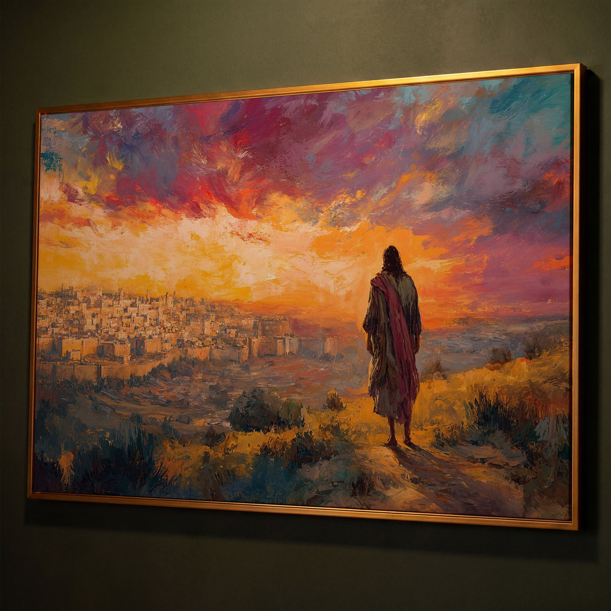 Jesus Overlooking Jerusalem at Sunset Canvas Wall Art shown in antique gold floating frame