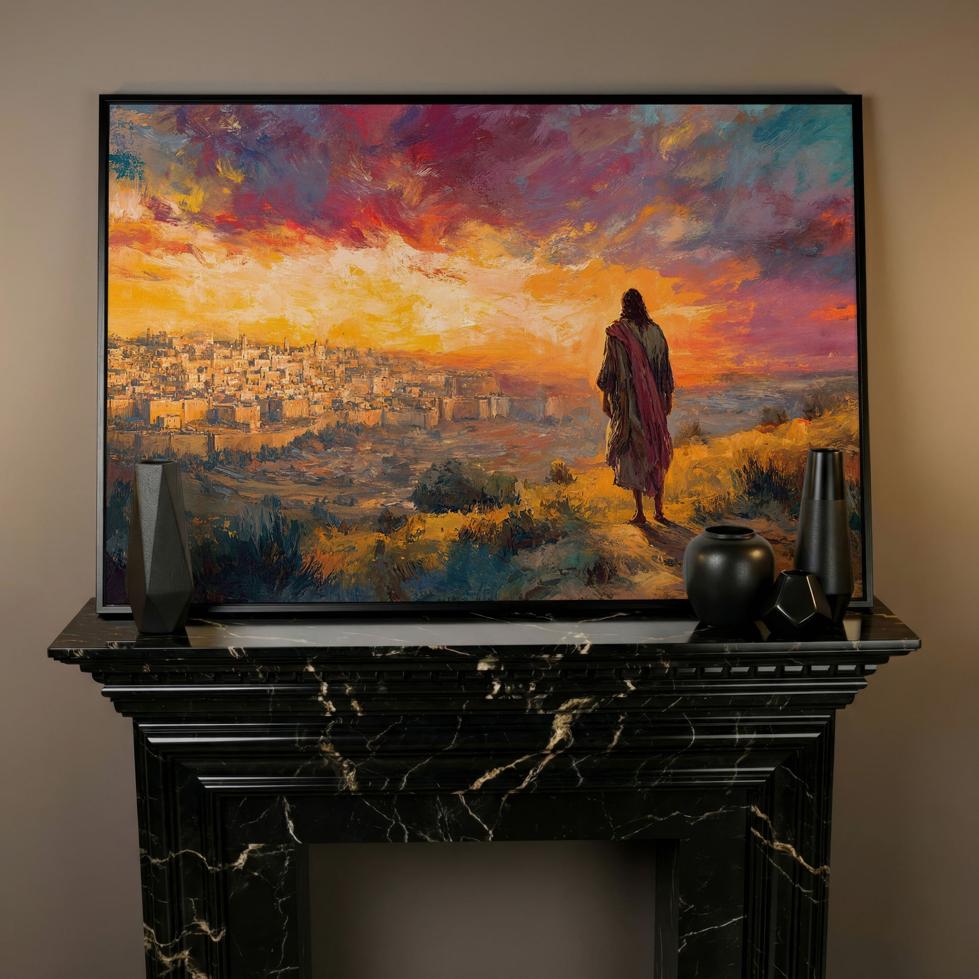 Jesus Overlooking Jerusalem at Sunset Canvas Wall Art in black floating frame