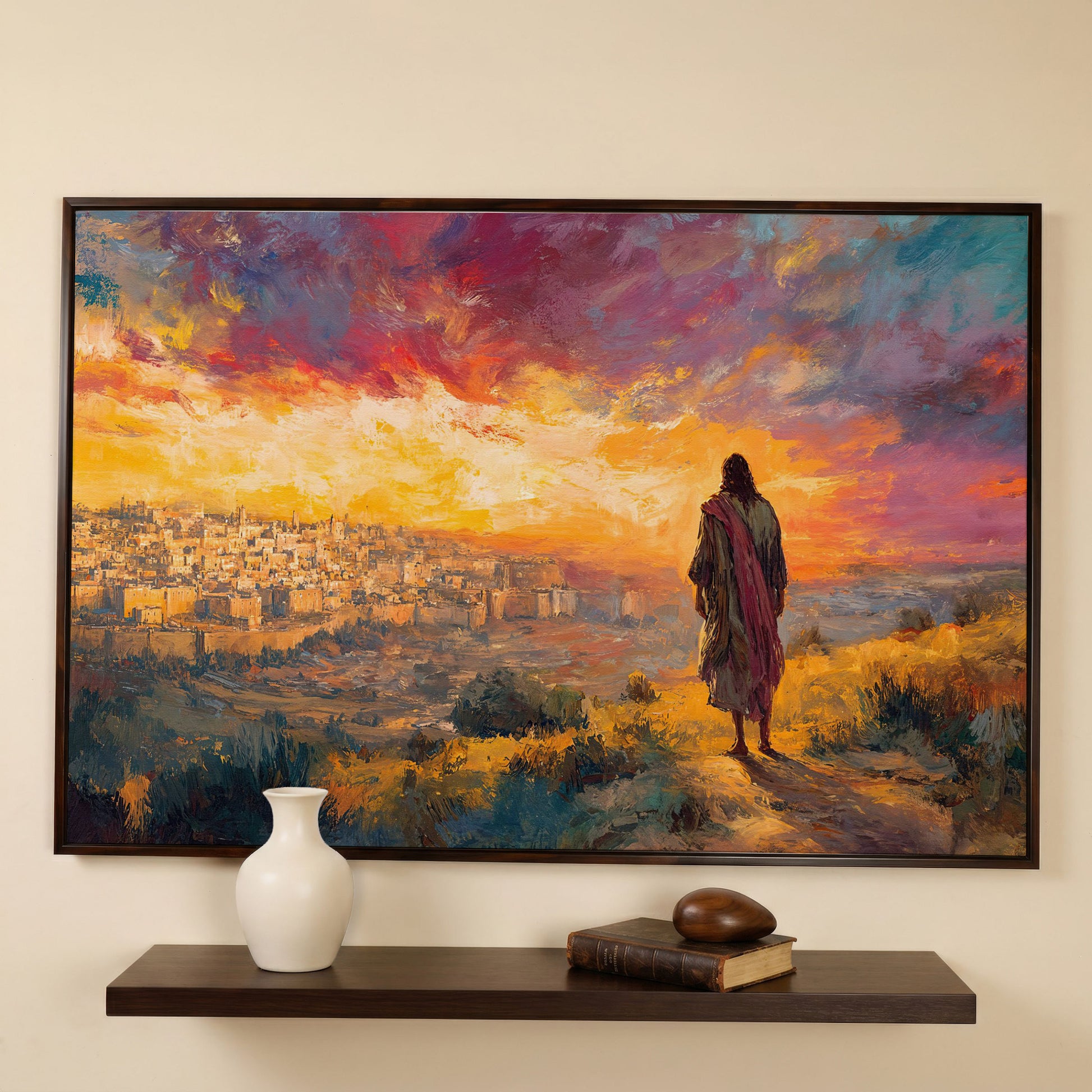 Jesus Overlooking Jerusalem at Sunset Canvas Wall Art in dark walnut floating frame
