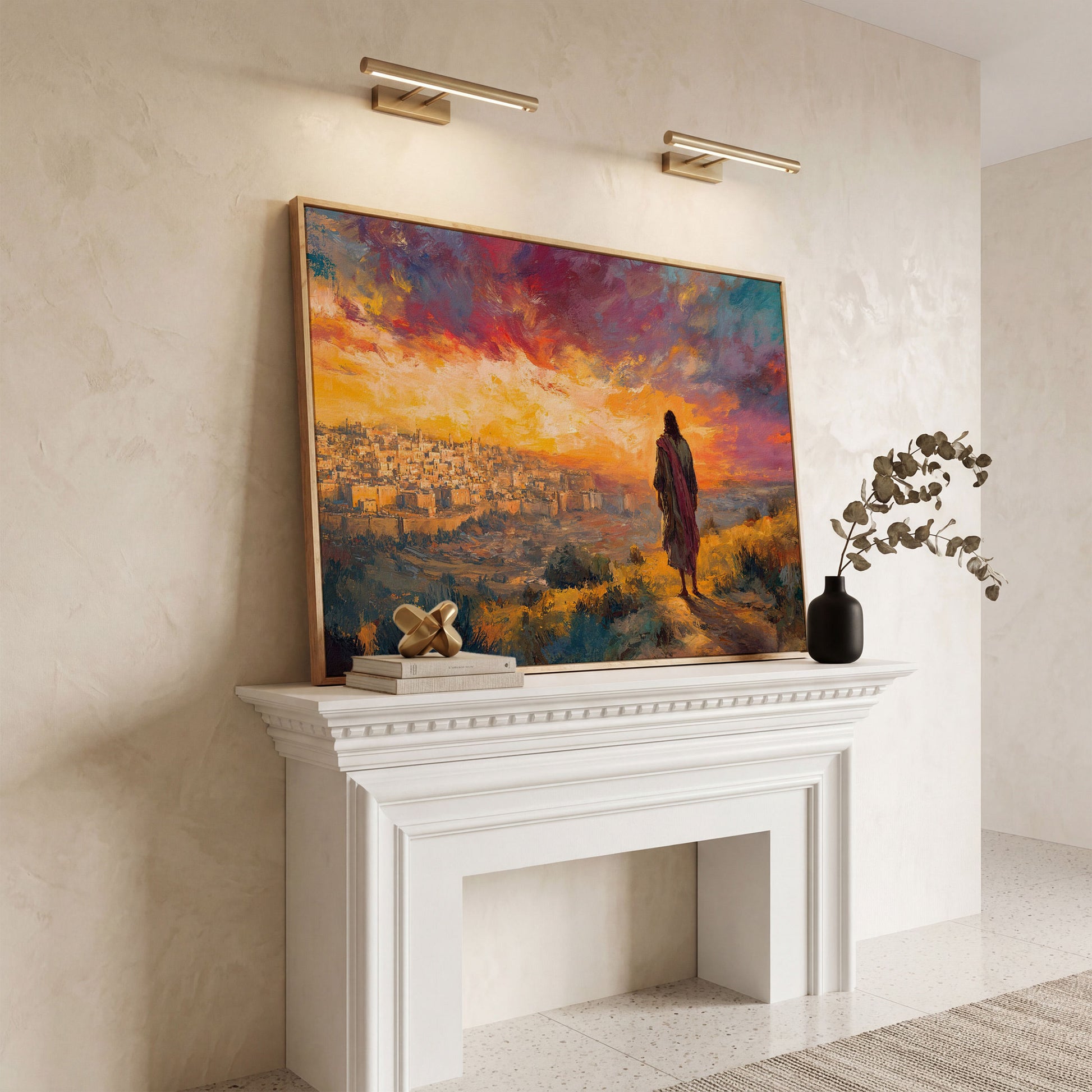 Jesus Overlooking Jerusalem at Sunset Canvas Wall Art in white oak floating frame