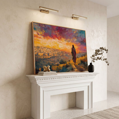 Jesus Overlooking Jerusalem at Sunset Canvas Wall Art in white oak floating frame