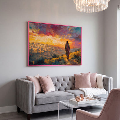 Jesus Overlooking Jerusalem at Sunset Canvas Wall Art in pink floating frame