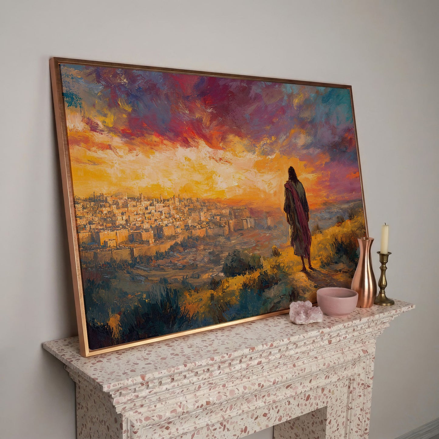 Jesus Overlooking Jerusalem at Sunset Canvas Wall Art in rose gold floating frame