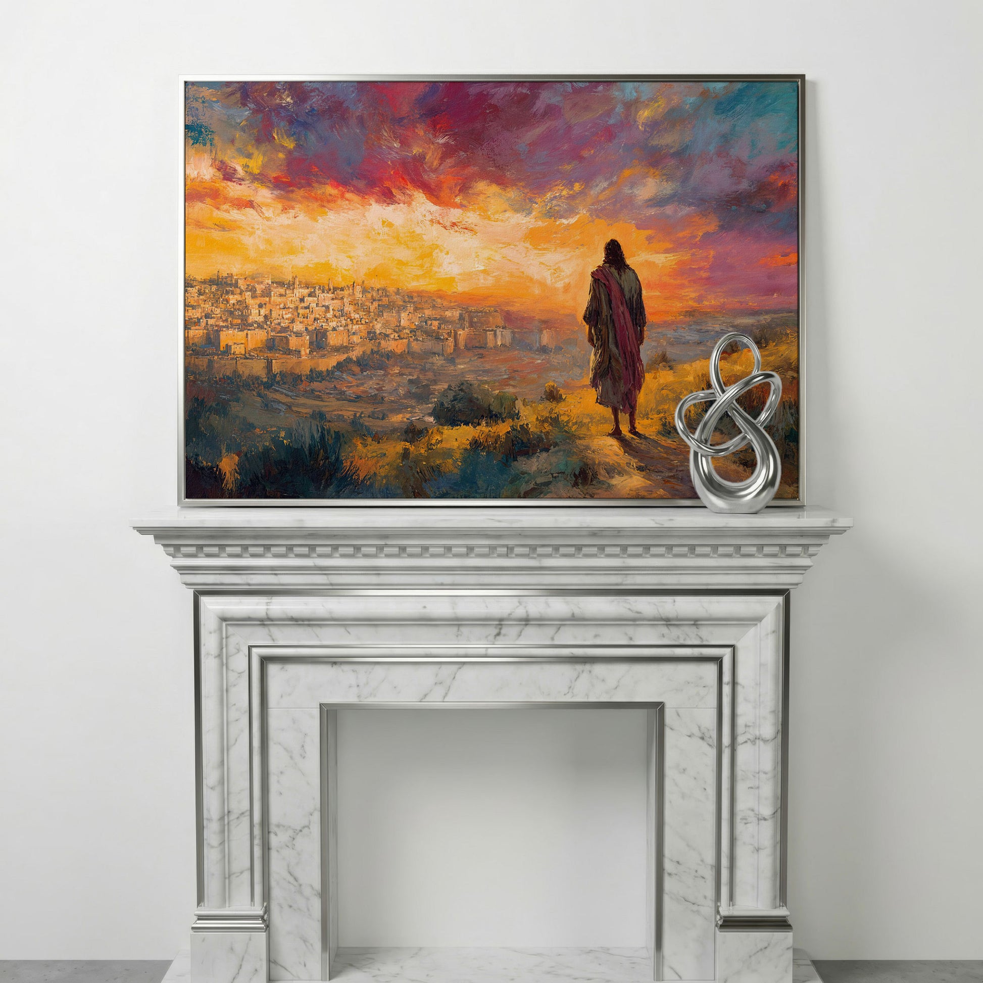 Jesus Overlooking Jerusalem at Sunset Canvas Wall Art in silver floating frame