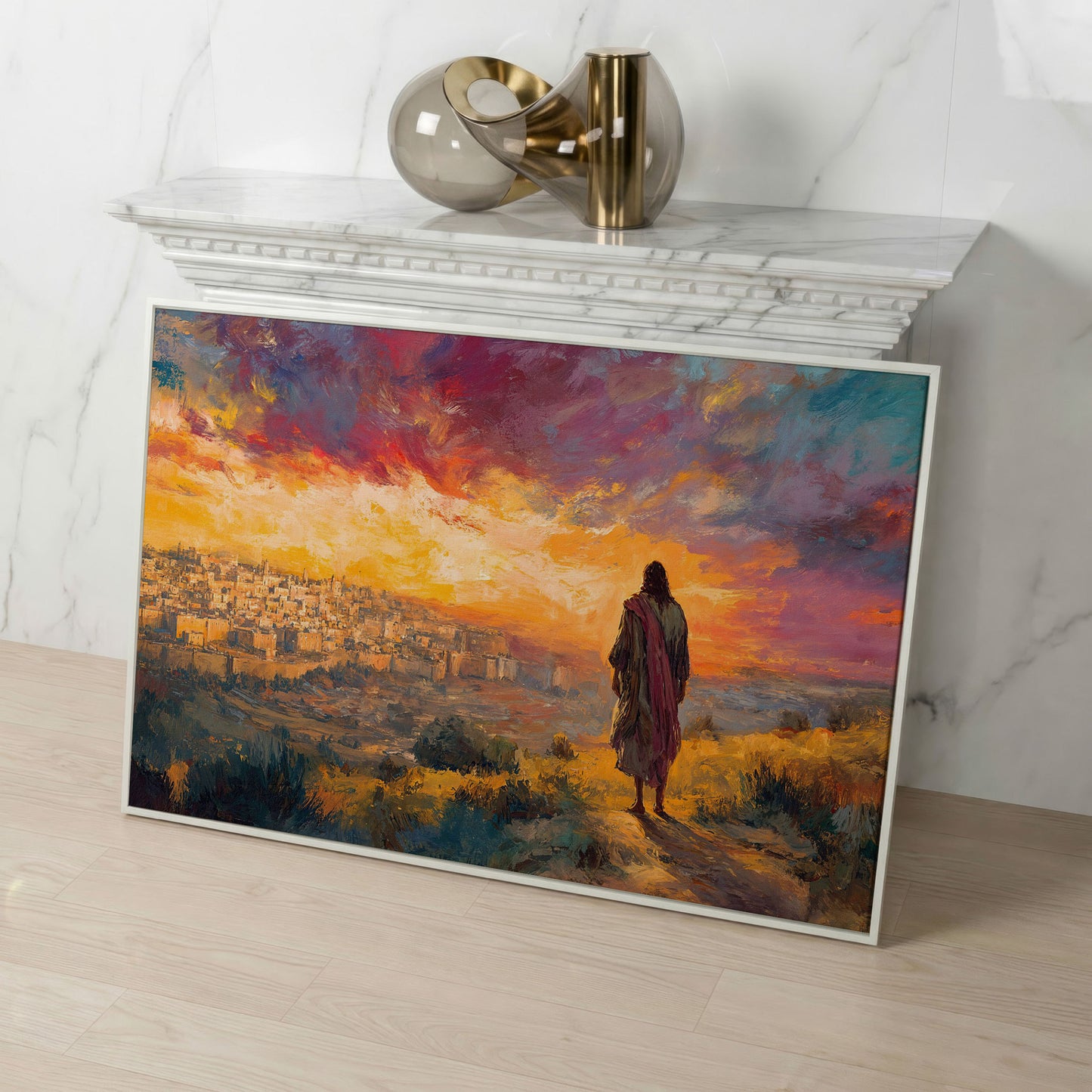 Jesus Overlooking Jerusalem at Sunset Canvas Wall Art in white floating frame