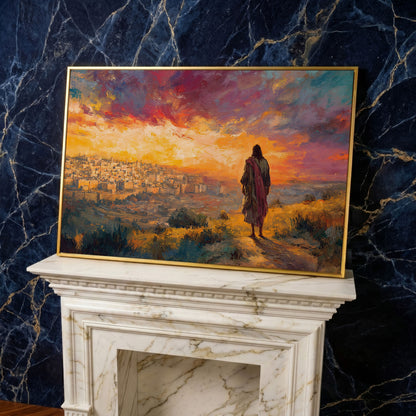 Jesus Overlooking Jerusalem at Sunset Canvas Wall Art in yellow gold floating frame