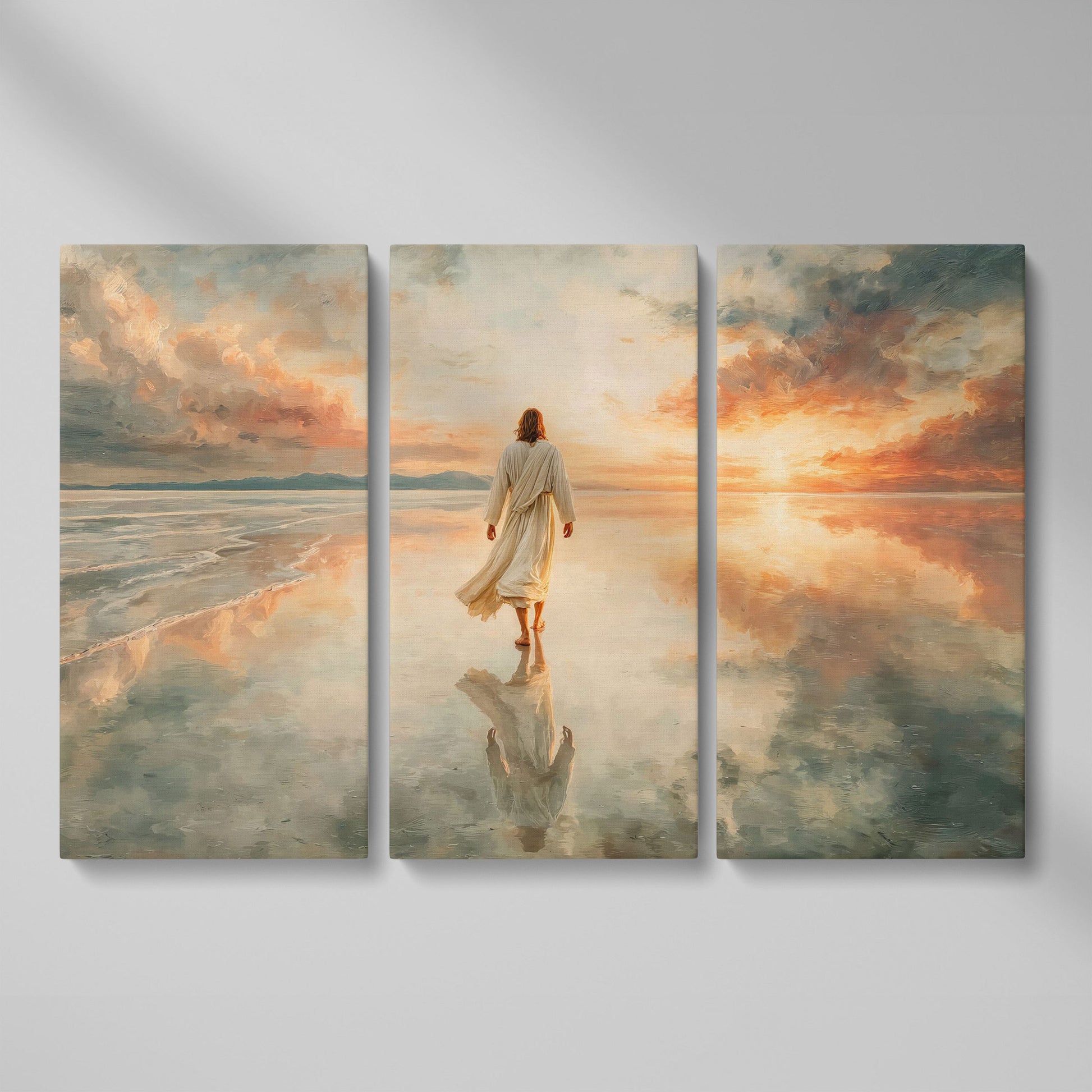 Jesus Walking on Water at Sunset Canvas Wall Art as 3-panel split version