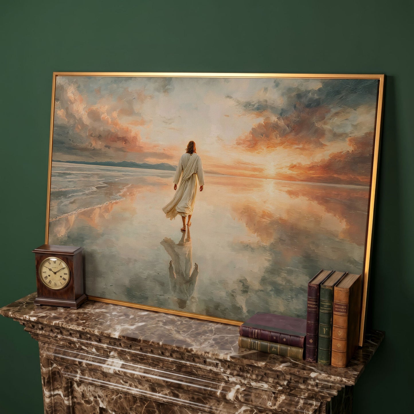 Jesus Walking on Water at Sunset Canvas Wall Art in antique gold floating frame