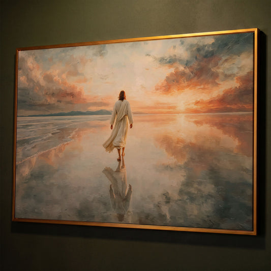 Jesus Walking on Water at Sunset Canvas Wall Art shown in antique gold floating frame