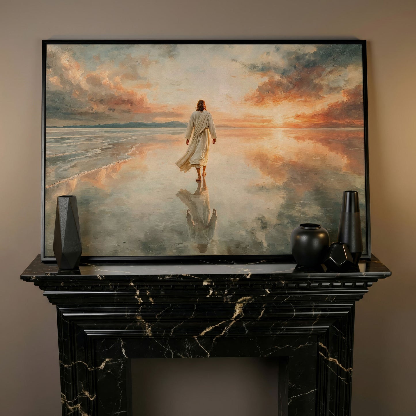 Jesus Walking on Water at Sunset Canvas Wall Art in black floating frame
