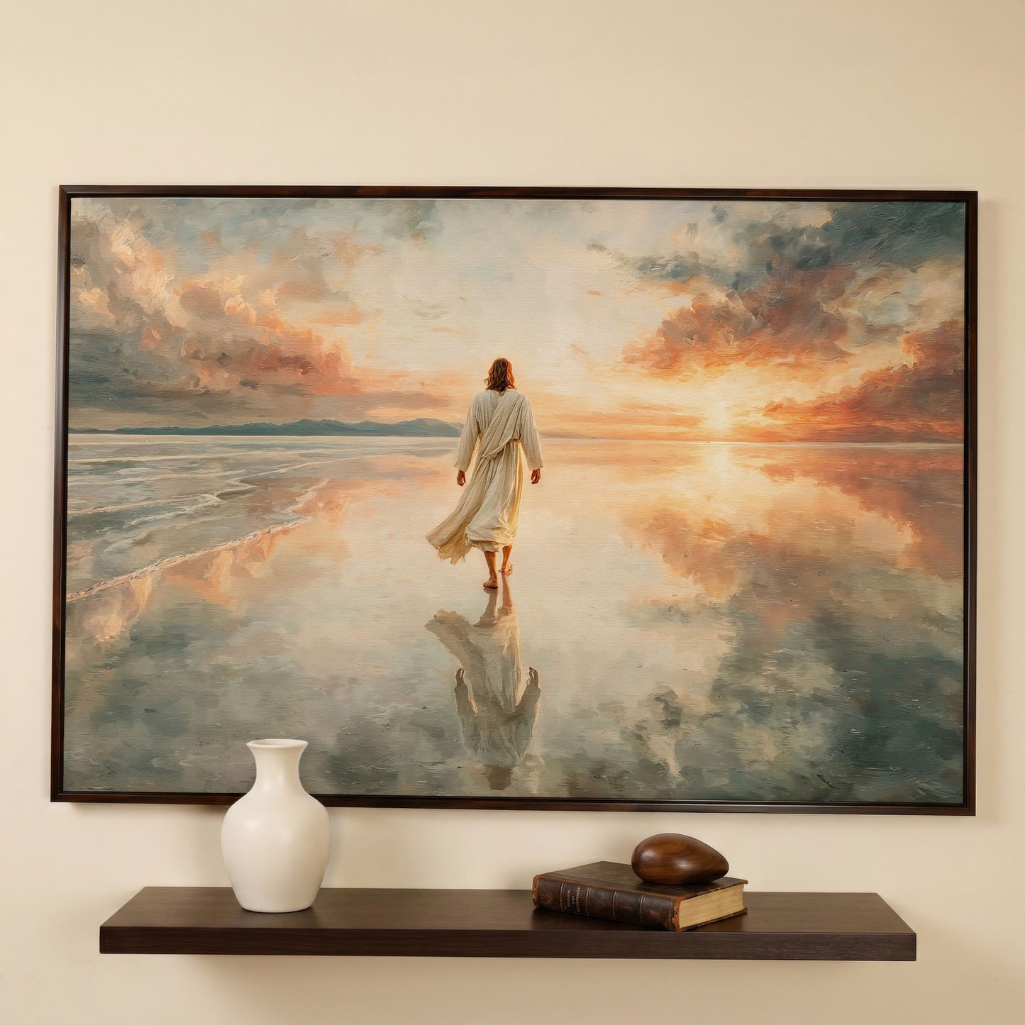 Jesus Walking on Water at Sunset Canvas Wall Art in dark walnut floating frame
