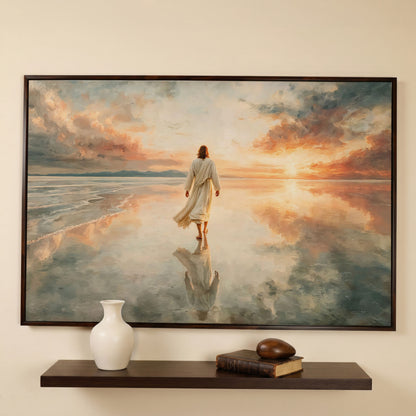 Jesus Walking on Water at Sunset Canvas Wall Art in dark walnut floating frame