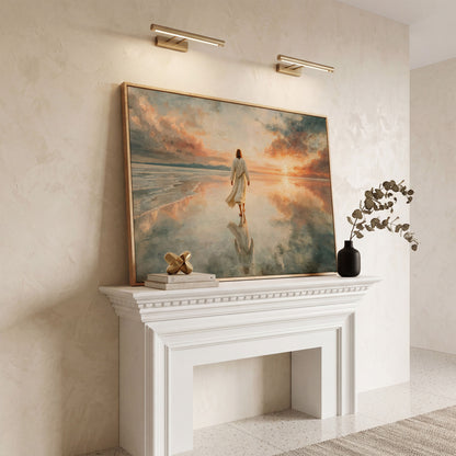 Jesus Walking on Water at Sunset Canvas Wall Art in white oak floating frame