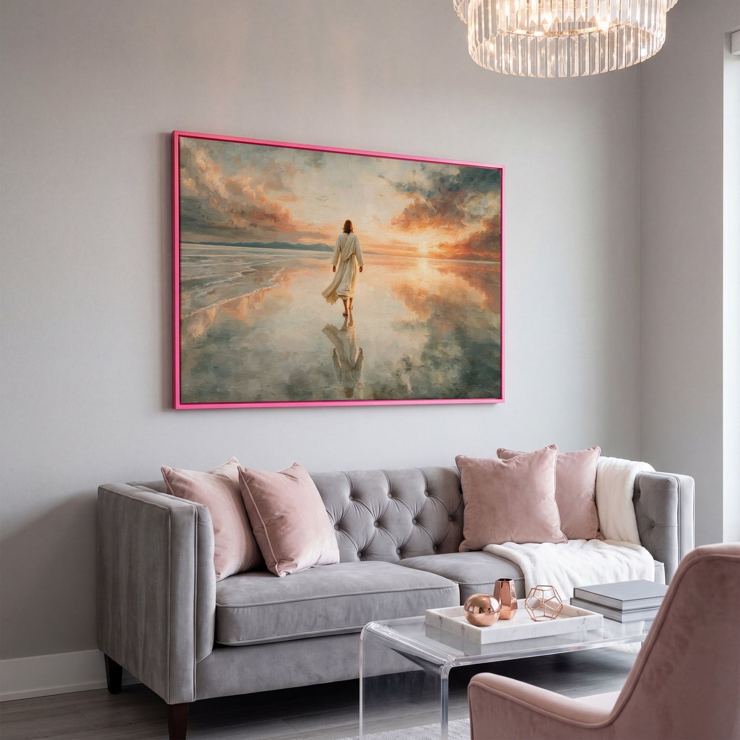 Jesus Walking on Water at Sunset Canvas Wall Art in pink floating frame