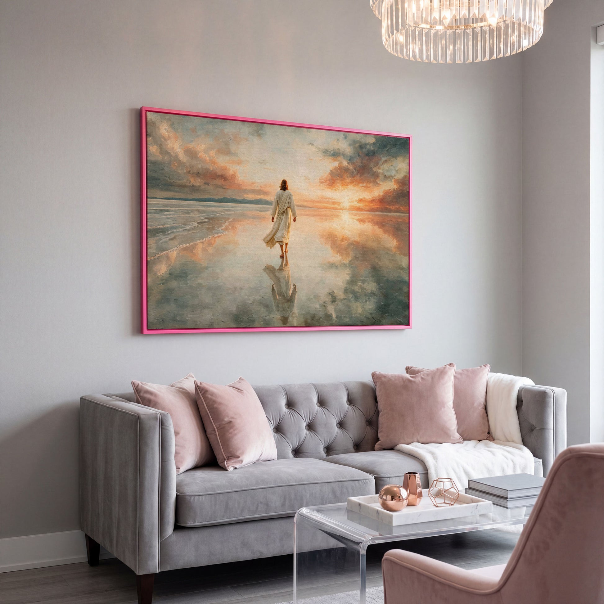 Jesus Walking on Water at Sunset Canvas Wall Art in pink floating frame