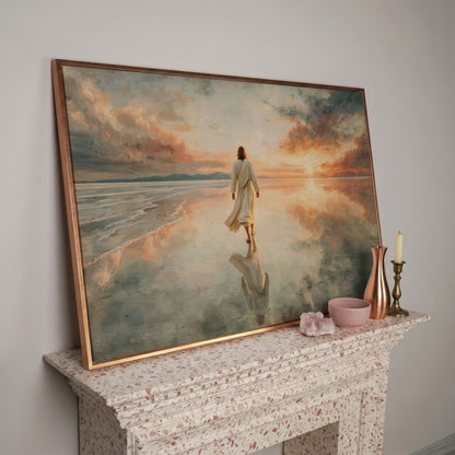 Jesus Walking on Water at Sunset Canvas Wall Art in rose gold floating frame