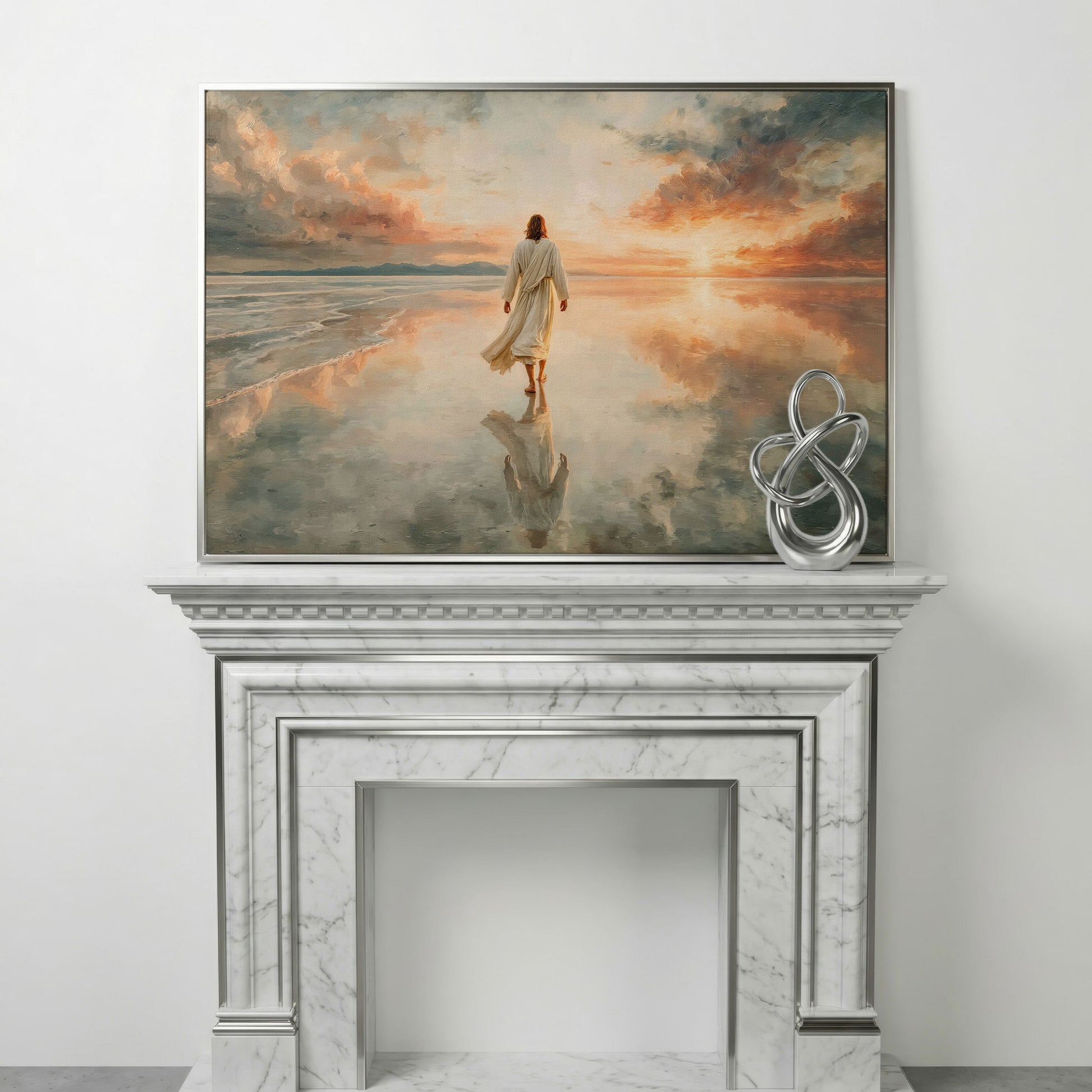 Jesus Walking on Water at Sunset Canvas Wall Art in silver floating frame