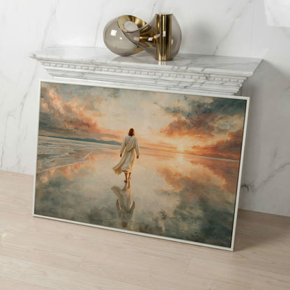 Jesus Walking on Water at Sunset Canvas Wall Art in white floating frame