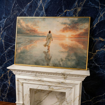 Jesus Walking on Water at Sunset Canvas Wall Art in yellow gold floating frame