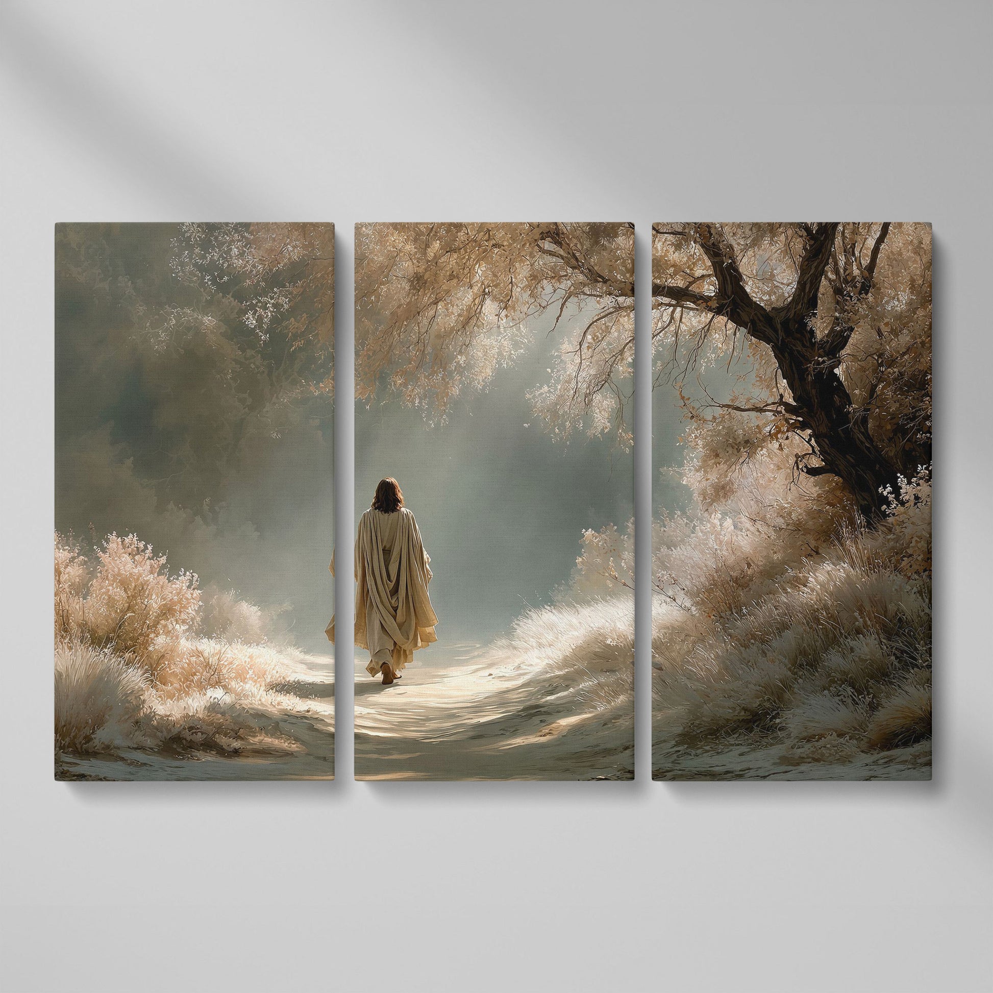 Jesus Walking the Path, Canvas Wall Art for Faith-Filled Spaces as 3-panel split version