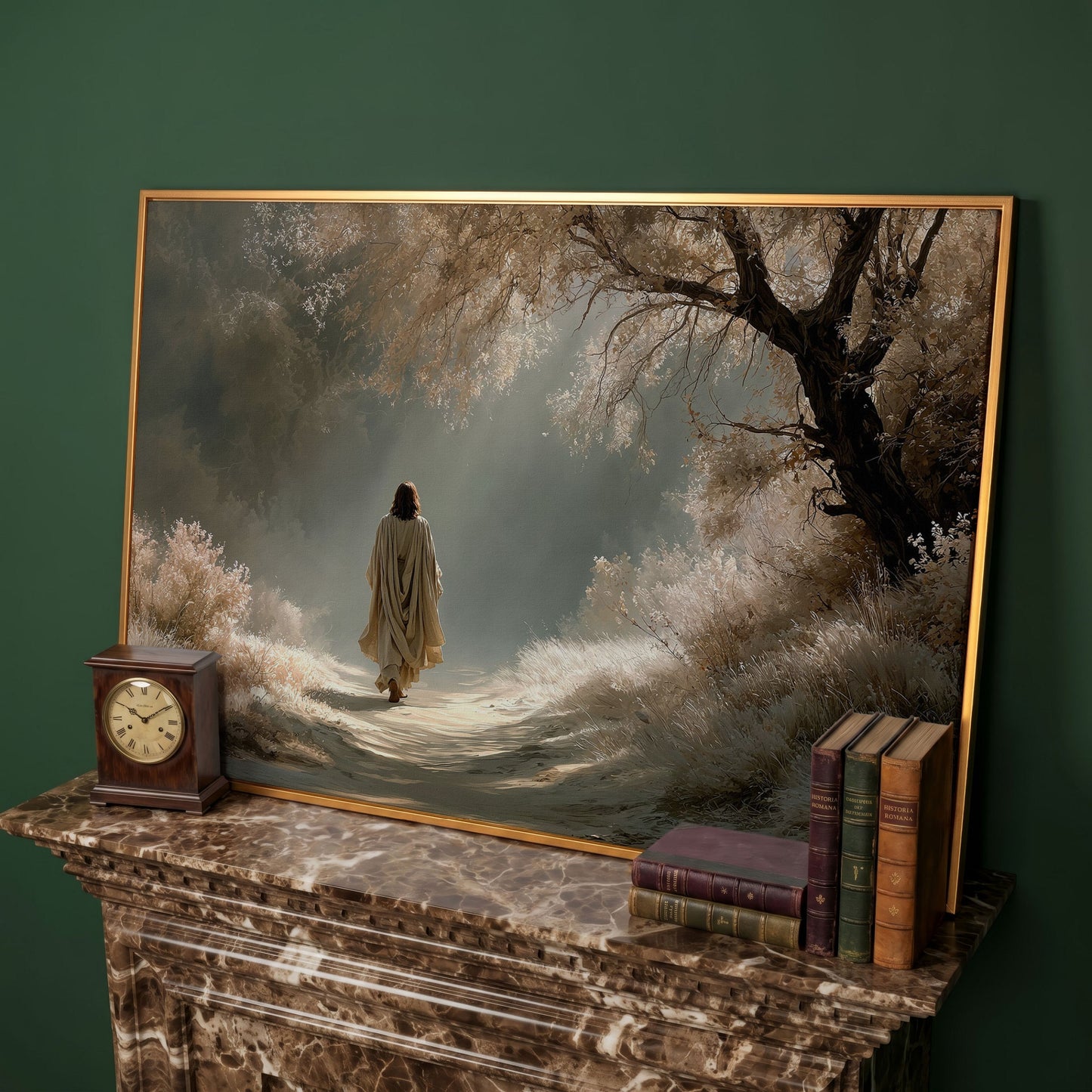 Jesus Walking the Path, Canvas Wall Art for Faith-Filled Spaces in antique gold floating frame
