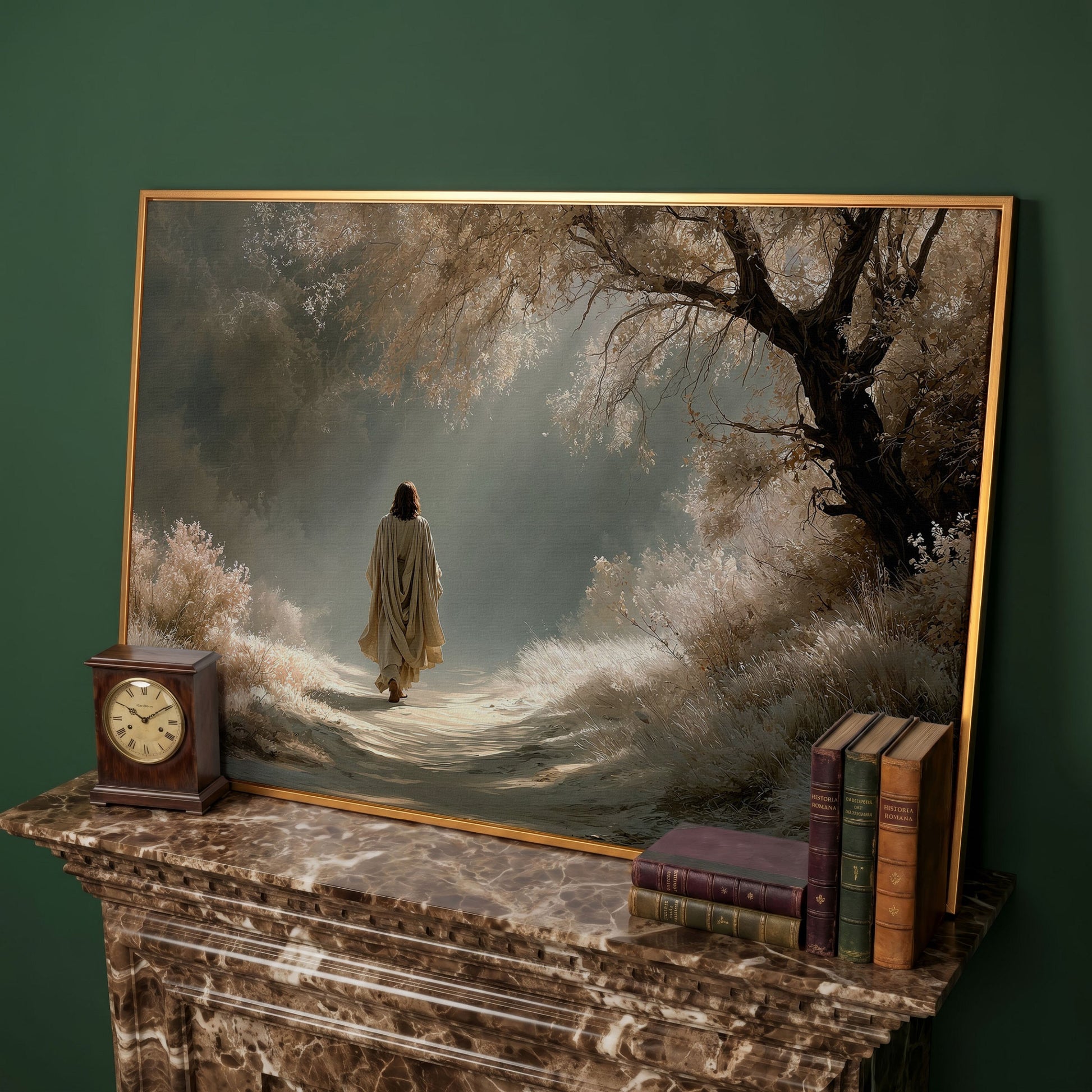 Jesus Walking the Path, Canvas Wall Art for Faith-Filled Spaces in antique gold floating frame