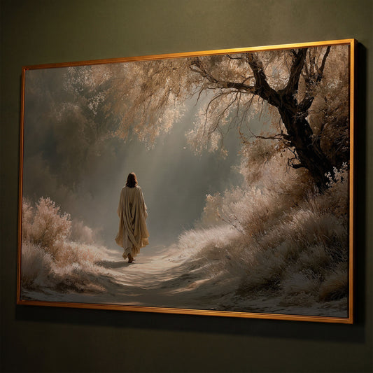 Jesus Walking the Path, Canvas Wall Art for Faith-Filled Spaces shown in antique gold floating frame