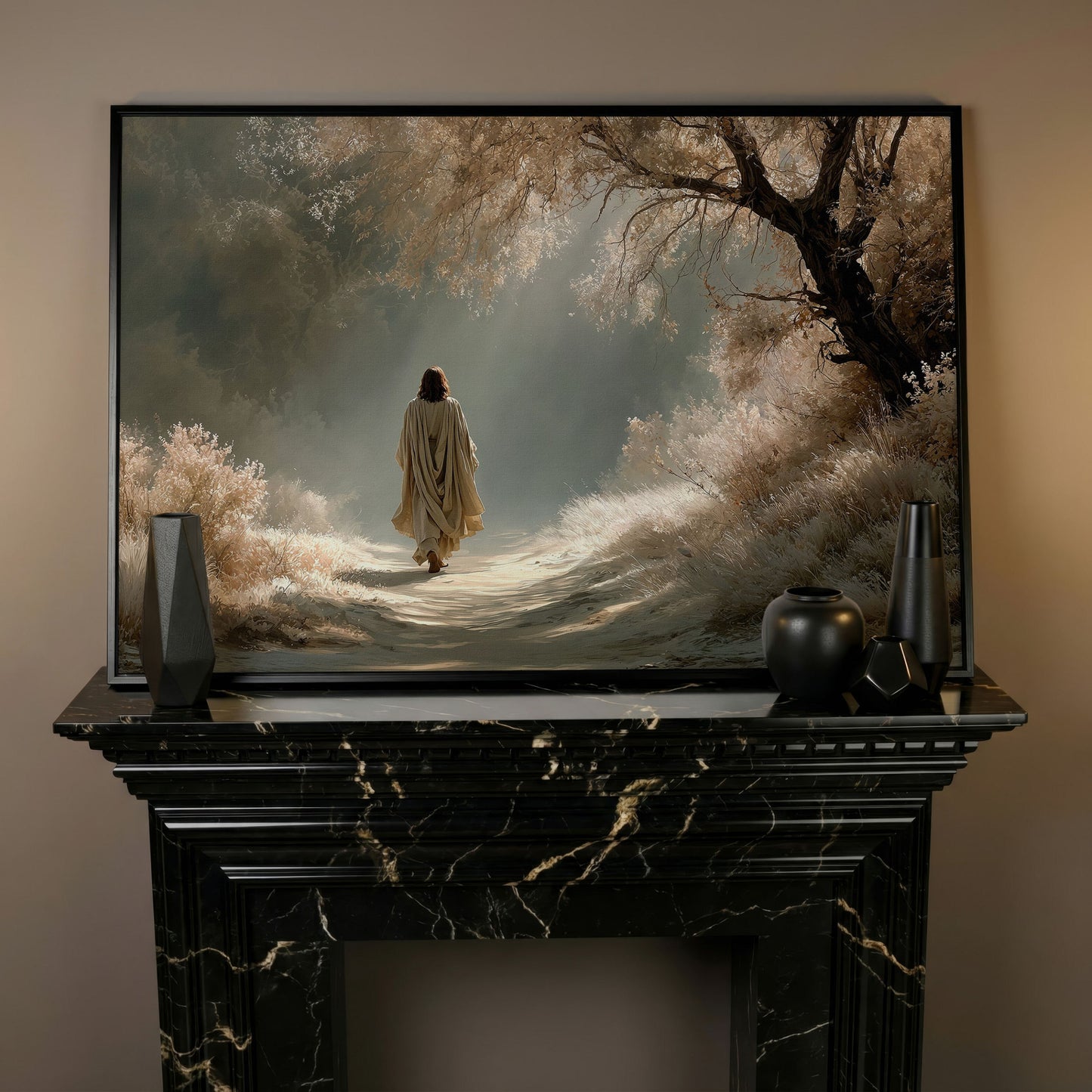 Jesus Walking the Path, Canvas Wall Art for Faith-Filled Spaces in black floating frame