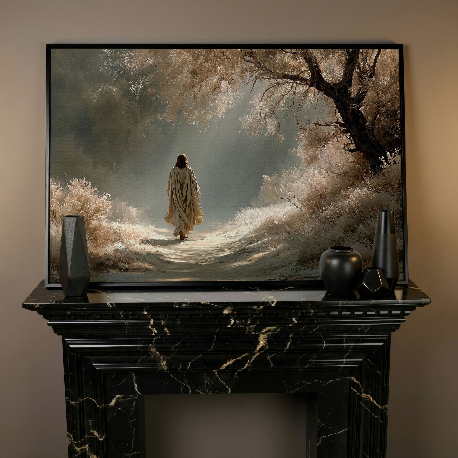 Jesus Walking the Path, Canvas Wall Art for Faith-Filled Spaces in black floating frame