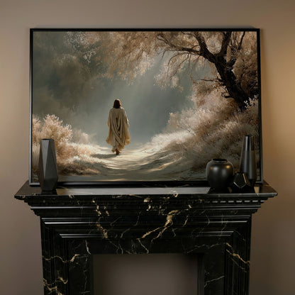 Jesus Walking the Path, Canvas Wall Art for Faith-Filled Spaces in black floating frame