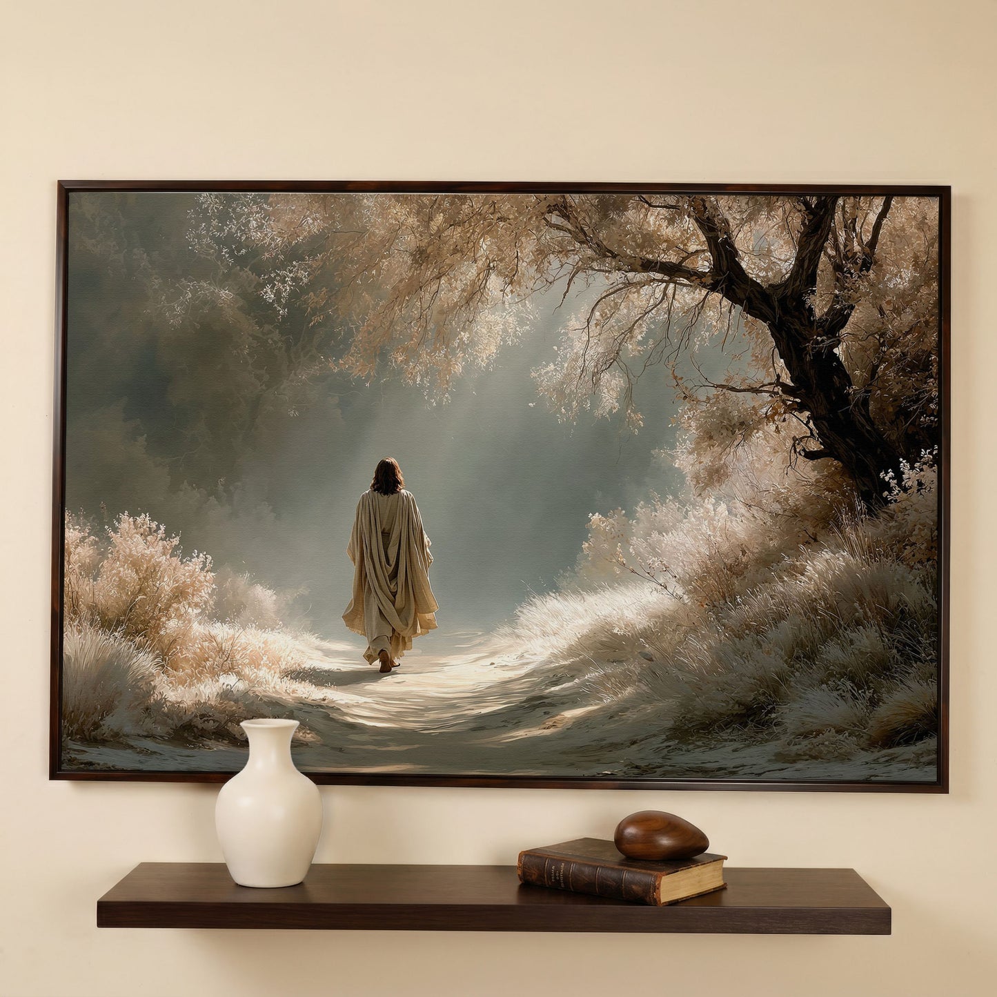 Jesus Walking the Path, Canvas Wall Art for Faith-Filled Spaces in dark walnut floating frame