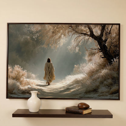 Jesus Walking the Path, Canvas Wall Art for Faith-Filled Spaces in dark walnut floating frame