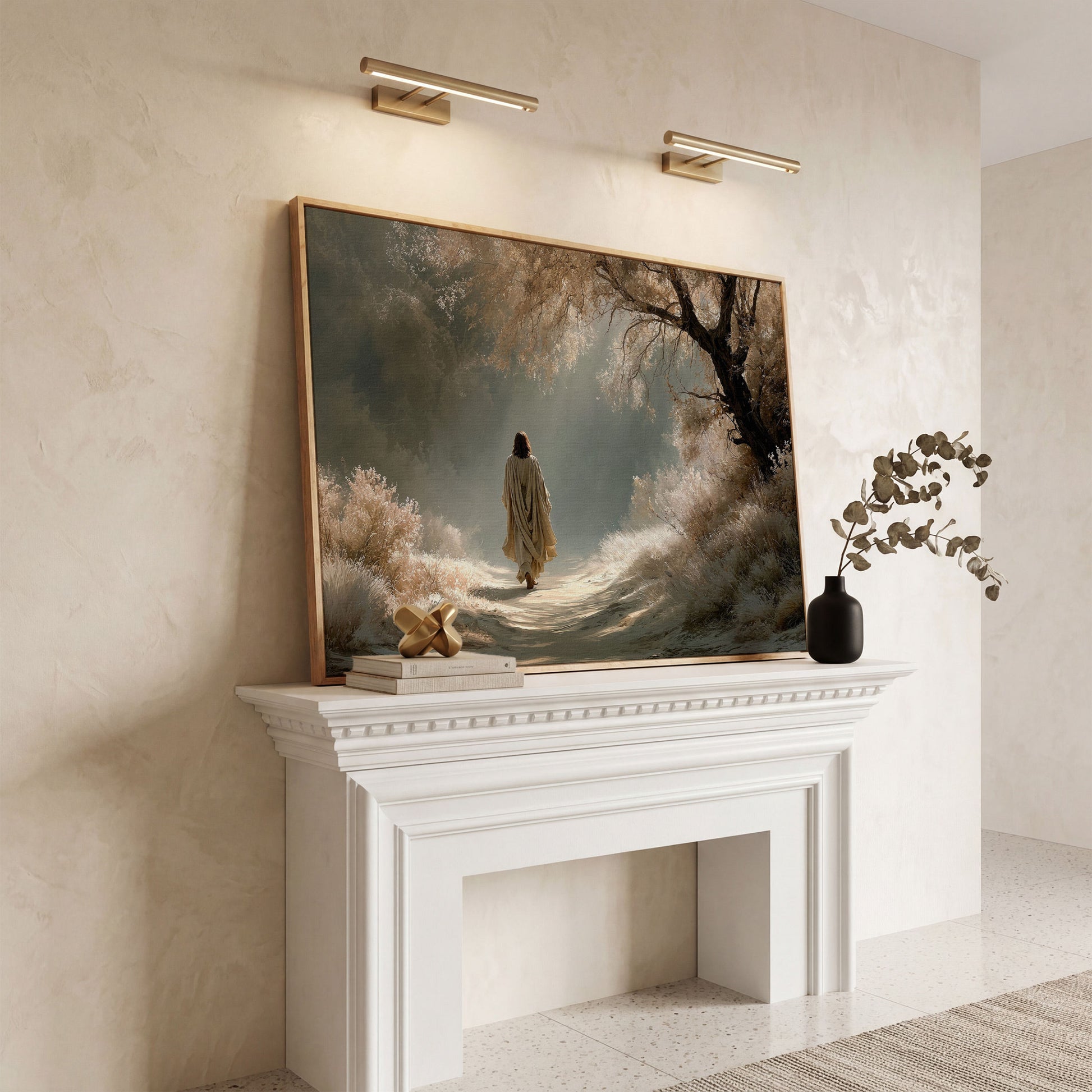 Jesus Walking the Path, Canvas Wall Art for Faith-Filled Spaces in white oak floating frame