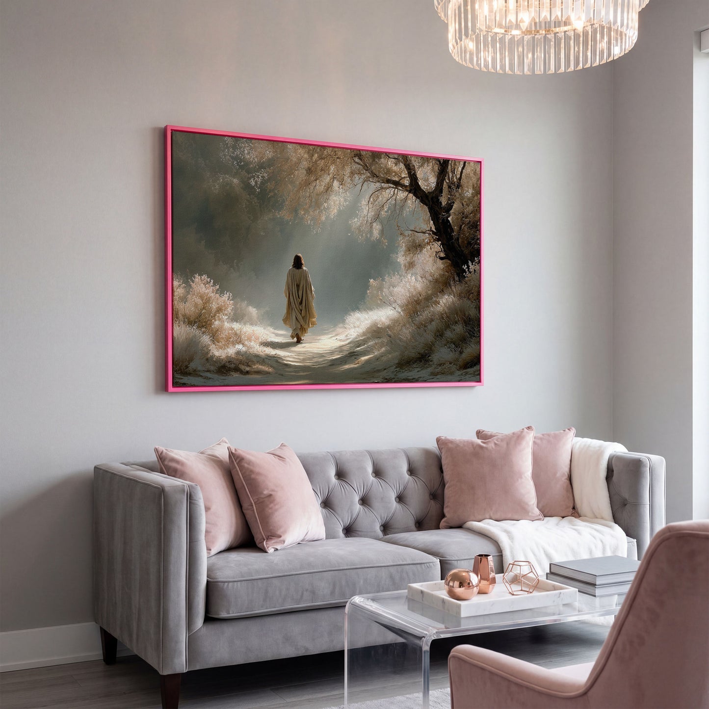 Jesus Walking the Path, Canvas Wall Art for Faith-Filled Spaces in pink floating frame