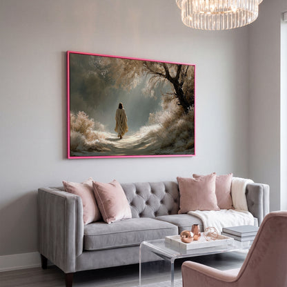 Jesus Walking the Path, Canvas Wall Art for Faith-Filled Spaces in pink floating frame