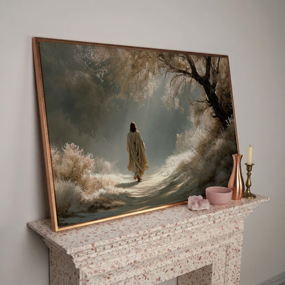 Jesus Walking the Path, Canvas Wall Art for Faith-Filled Spaces in rose gold floating frame