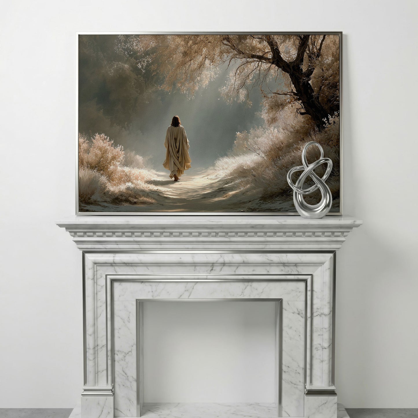 Jesus Walking the Path, Canvas Wall Art for Faith-Filled Spaces in silver floating frame