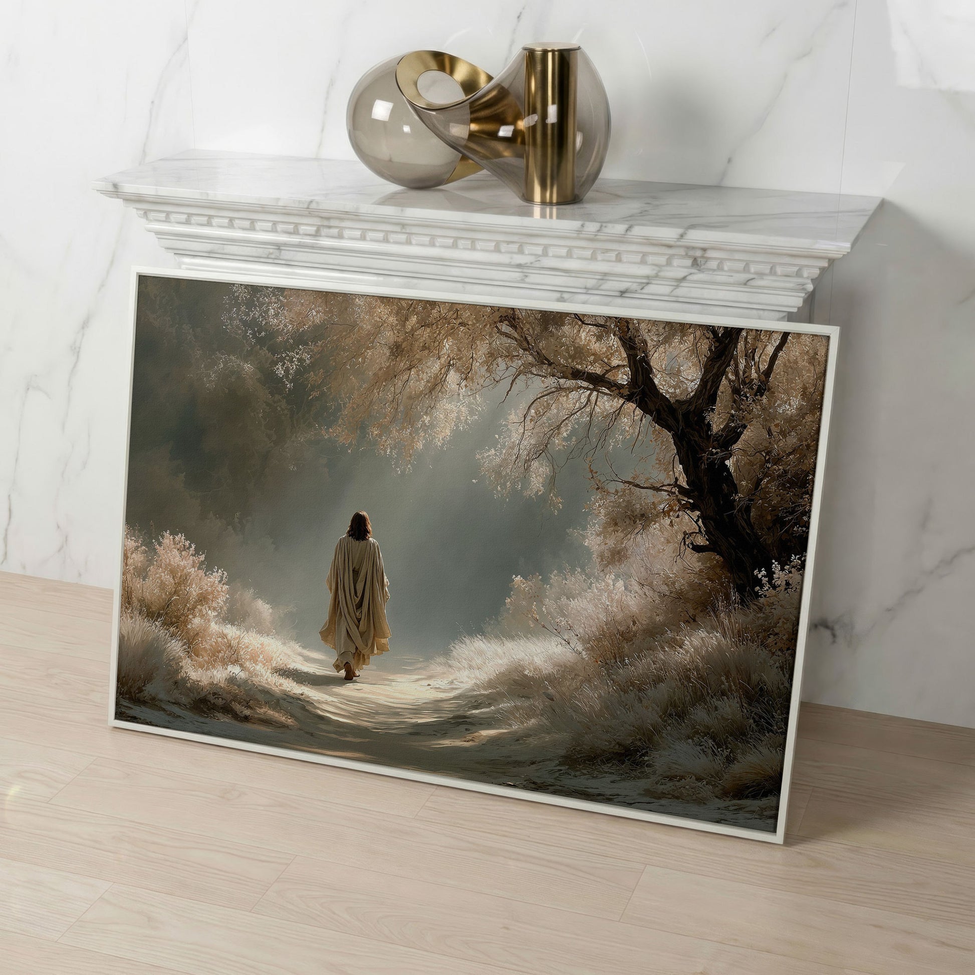 Jesus Walking the Path, Canvas Wall Art for Faith-Filled Spaces in white floating frame