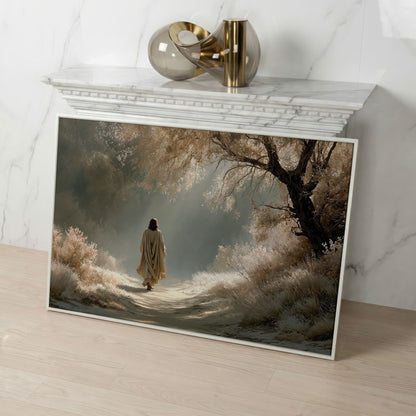 Jesus Walking the Path, Canvas Wall Art for Faith-Filled Spaces in white floating frame