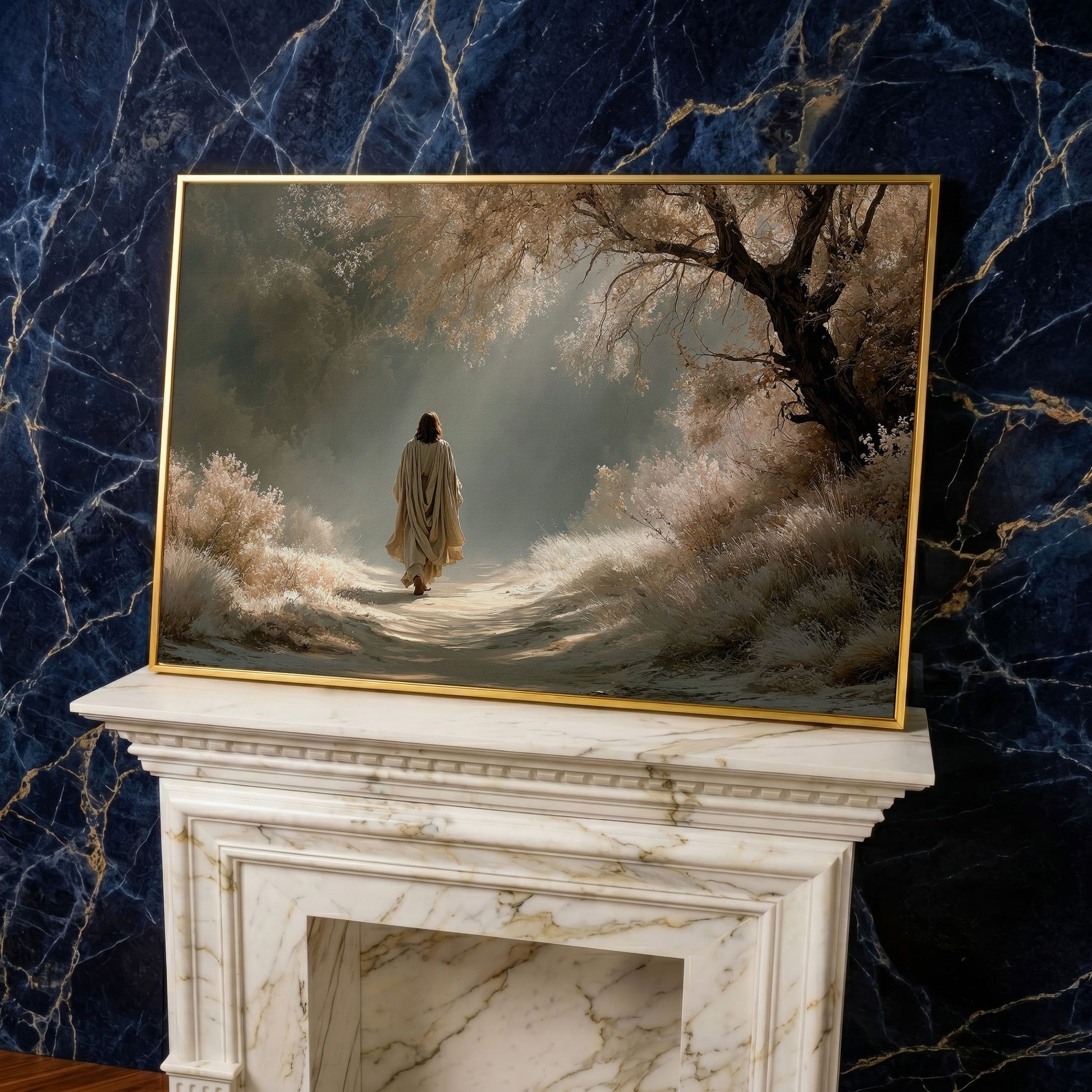 Jesus Walking the Path, Canvas Wall Art for Faith-Filled Spaces in yellow gold floating frame