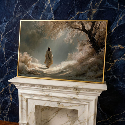 Jesus Walking the Path, Canvas Wall Art for Faith-Filled Spaces in yellow gold floating frame
