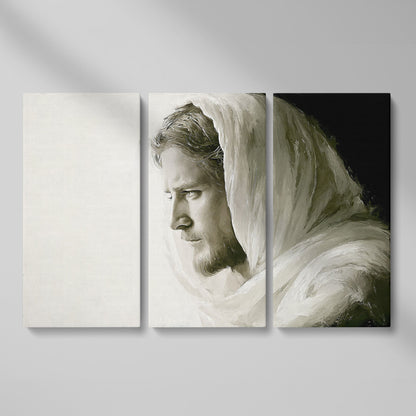 Jesus Christ Portrait Canvas Art, Side Profile in Draped Garment as 3-panel split version
