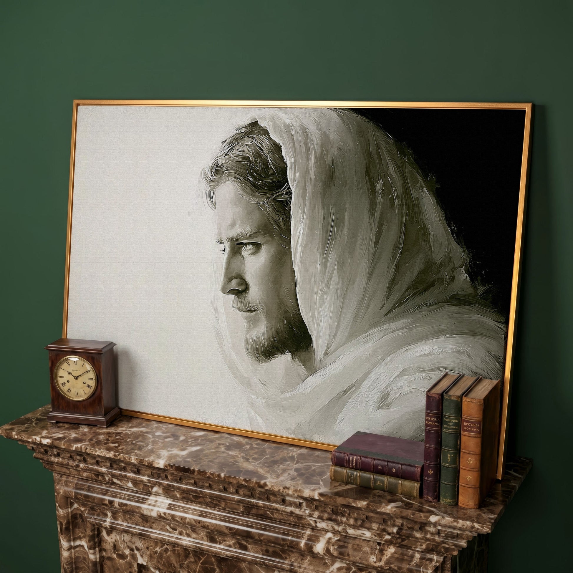 Jesus Christ Portrait Canvas Art, Side Profile in Draped Garment in antique gold floating frame
