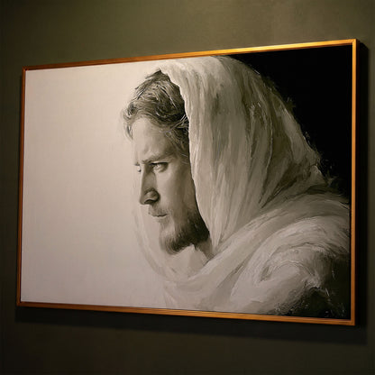 Jesus Christ Portrait Canvas Art, Side Profile in Draped Garment shown in antique gold floating frame