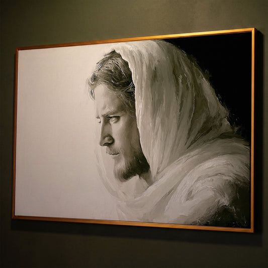Jesus Christ Portrait Canvas Art, Side Profile in Draped Garment shown in antique gold floating frame