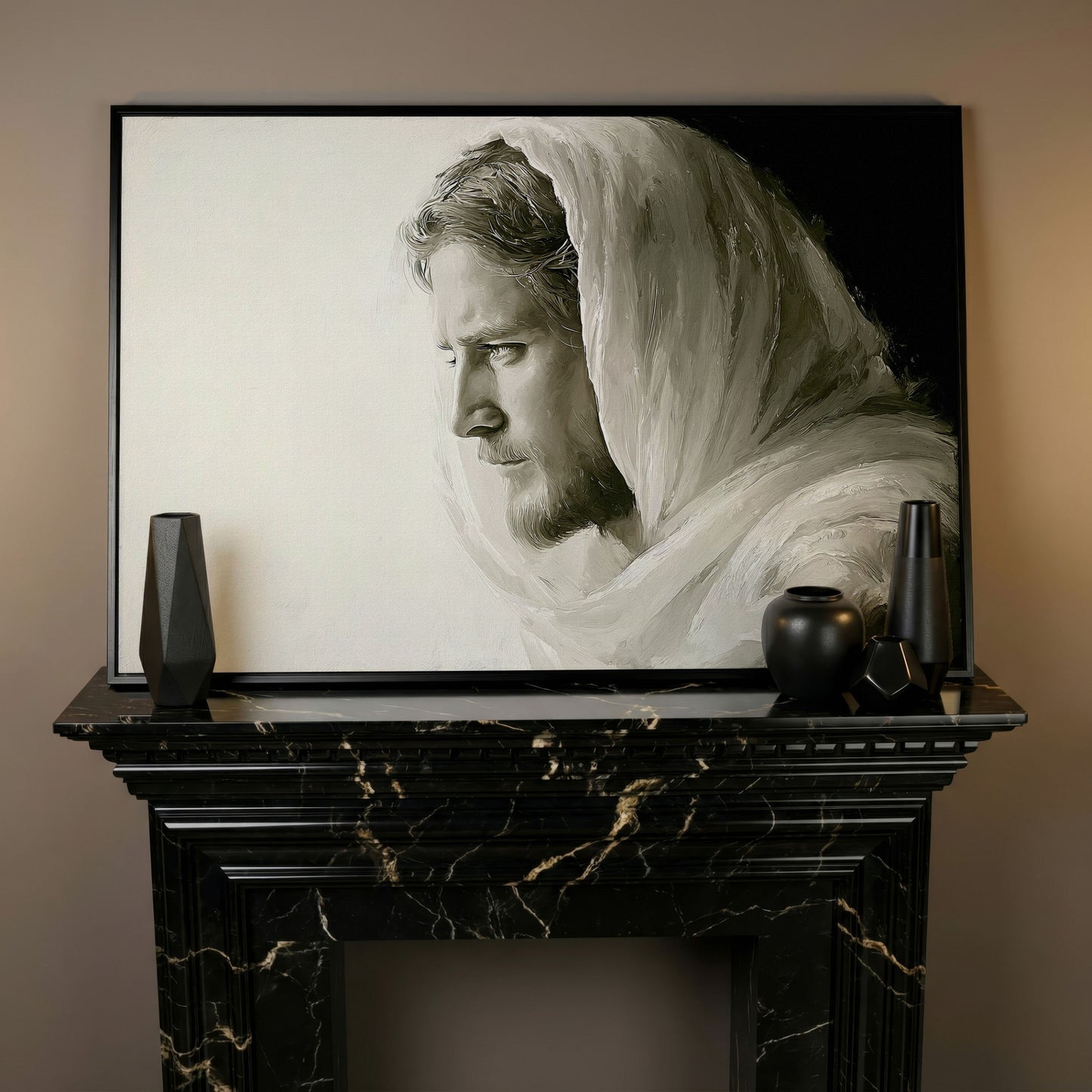 Jesus Christ Portrait Canvas Art, Side Profile in Draped Garment in black floating frame