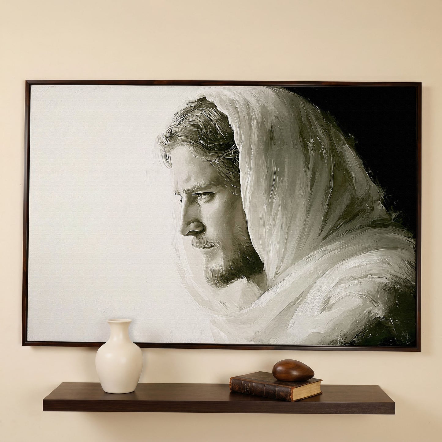 Jesus Christ Portrait Canvas Art, Side Profile in Draped Garment in dark walnut floating frame