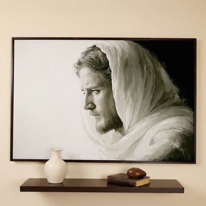 Jesus Christ Portrait Canvas Art, Side Profile in Draped Garment in dark walnut floating frame
