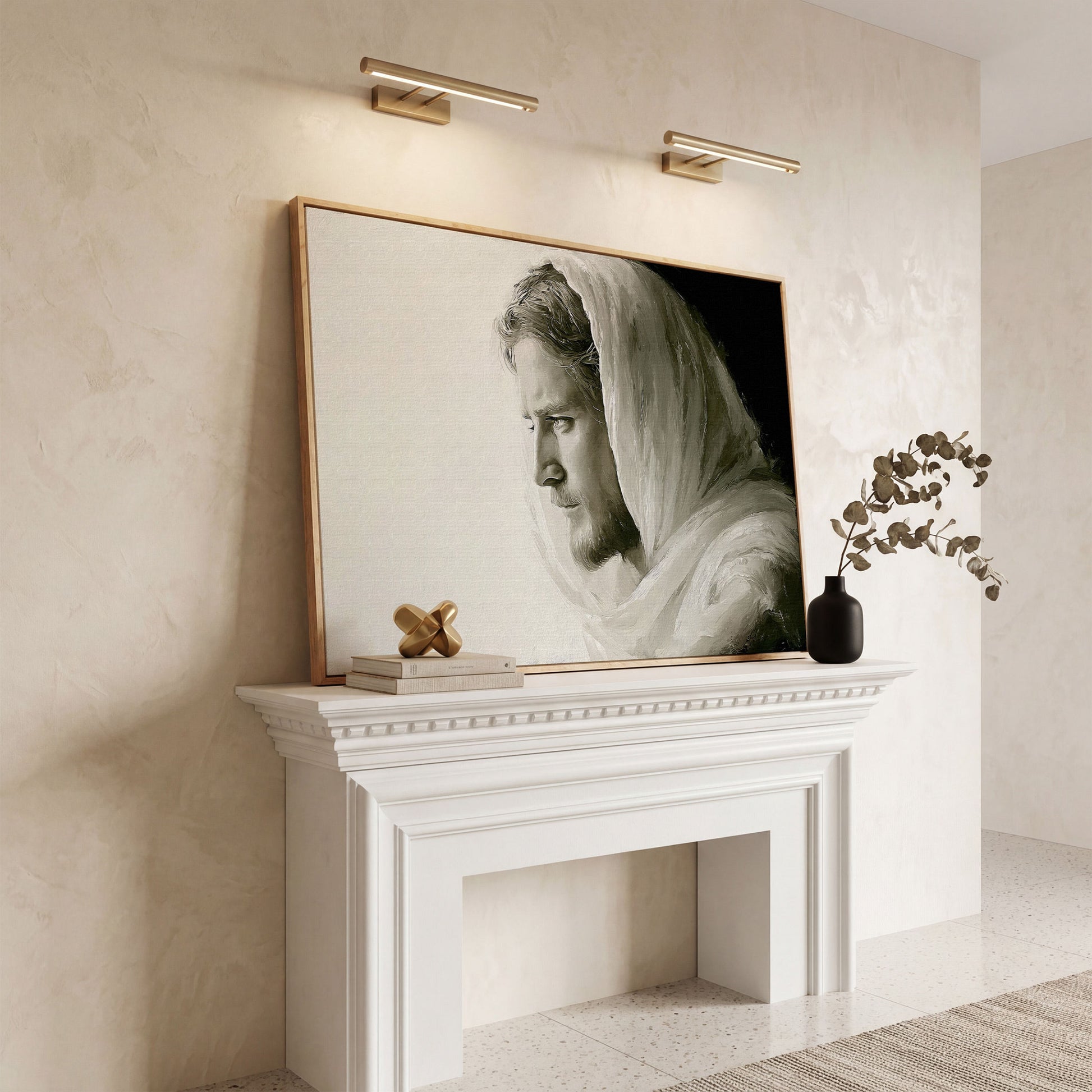 Jesus Christ Portrait Canvas Art, Side Profile in Draped Garment in white oak floating frame